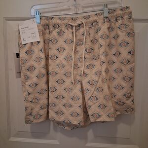 Goodfellow & Co Beige Swim Trunks with Blue and Rust Print